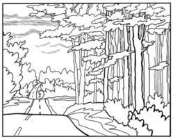 paesaggio con un' strada a il bordo di il foresta. colorazione libro. mano disegnare vettore illustrazione. arte linea sfondo.