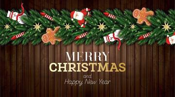Natale saluto carta con Santa claus, Natale albero rami, d'oro stelle, rosso razzi, pupazzo di neve e Pan di zenzero uomo.