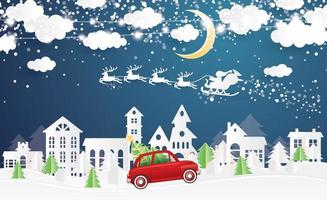 Natale villaggio e Santa Claus nel slitta nel carta tagliare stile. rosso camion trasportare Natale albero. vettore