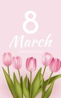 8 marzo saluto bandiera con rosa realistico tulipano fiore mazzo sfondo. manifesto, volantino, saluto carta, sito web intestazione vettore illustrazione. modello per pubblicità, ragnatela, sociale media pastello rosa.
