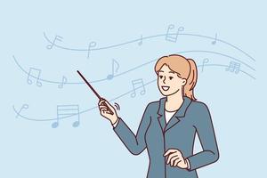 donna insegnante di musicale arte con pointer nel mano sta vicino Appunti disegnato su ondulato linea. compositore ragazza insegna melodie o lavori come conduttore con orchestra nel filarmonica società. piatto vettore Immagine