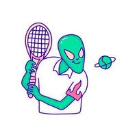 freddo alieno personaggio giocando padel sport scarabocchio arte, illustrazione per maglietta, etichetta, o abbigliamento merce. con moderno pop. vettore