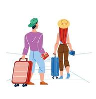 i viaggiatori trascinare bagaglio su aeroporto scala mobile vettore