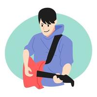 poco ragazzo indossare maglione giocando chitarra. cartone animato stile. vettore illustrazione.
