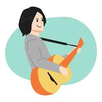 poco ragazzo con lungo capelli giocando chitarra. cartone animato stile. vettore illustrazione.
