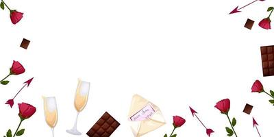 San Valentino giorno. sfondo su bianca con Rose, frecce, cioccolato. bandiera modello, cartolina, ragnatela. vettore illustrazione
