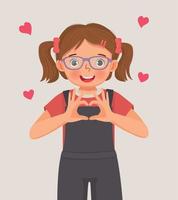 carino poco ragazza mostrando cuore forma cartello con mani gesto simbolo di amore per San Valentino giorni celebrazioni vettore