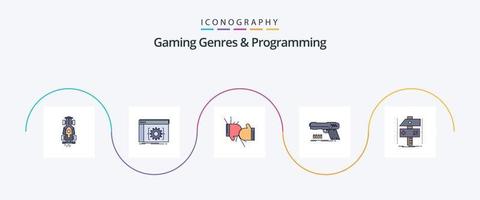 gioco generi e programmazione linea pieno piatto 5 icona imballare Compreso pistola. pistola. sviluppatore. guanti. concorrenza vettore