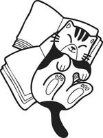 mano disegnato a strisce gatto dire bugie su pila di libri illustrazione nel scarabocchio stile vettore