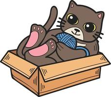 mano disegnato gatto giocando con filato nel un' scatola illustrazione nel scarabocchio stile vettore