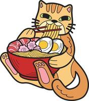 mano disegnato a strisce gatto mangiare tagliatelle illustrazione nel scarabocchio stile vettore