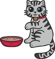 mano disegnato a strisce gatto mangiare cibo illustrazione nel scarabocchio stile vettore