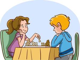 bambini giocando scacchi cartone animato vettore