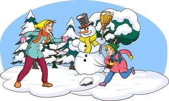 famiglia giocando palle di neve nel inverno cartone animato vettore