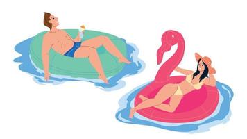 uomo e donna coppia riposo su piscina festa vettore
