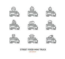 strada cibo camion cartello magro linea icona impostare. vettore