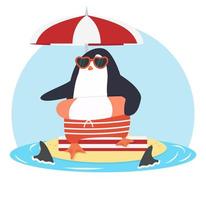 pinguino di vacanza che si rilassa sulla spiaggia circondato dagli squali vettore