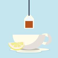 tazza di tè con bustina di tè e fetta di limone vettore