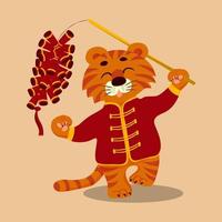 Cinese cartone animato carino tigre con petardi. Cinese anno cartello. Corea lunare nuovo anno. vacanza bandiera manifesto. vettore piatto illustrazione.
