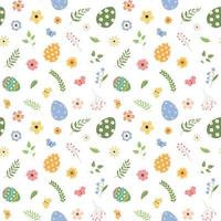 cartone animato Pasqua uova con fiori, foglie, e farfalle senza soluzione di continuità modello. primavera vacanza sfondo per tessuto, scrapbooking, regalo avvolgere, sfondo. isolato su bianca sfondo. vettore