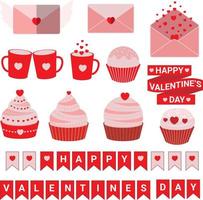San Valentino giorno impostato di elementi con cupcakes, buste, nastri con contento San Valentino giorno testo, e amore tazze. vettore