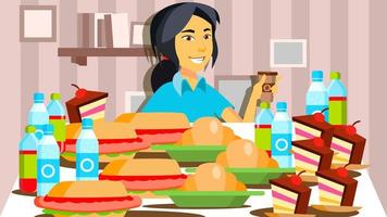 mukbang mangiare mostrare vettore. ragazza. mangiare mostrare. registrazione. in linea vivere trasmissione. asiatico sociale media. illustrazione vettore