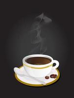 tazza di caffè bianco con chicchi di caffè e vapore