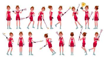 lacrosse ragazza vettore. catturare il sfera. in esecuzione. compagni di squadra nel diverso pose. sport gare. cartone animato personaggio illustrazione vettore