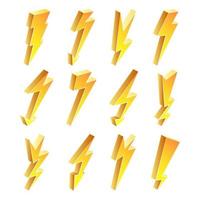 3d fulmine icone vettore impostare. cartone animato giallo fulmine isolato illustrazione. fulmine simbolo. elettrico cartello.