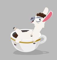 divertente alpaca seduto in una grande tazza di caffè vettore