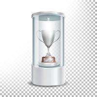 trasparente bicchiere Museo vetrina podio con argento tazza, riflettore e scintille. finto su capsula scatola per premio cerimonie. vettore illustrazione