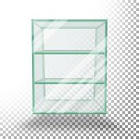 vuoto trasparente bicchiere scatola cubo vettore. 3d realistico bicchiere vetrina con scaffali. vettore