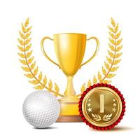 golf realizzazione premio vettore. sport bandiera sfondo. bianca sfera, vincitore tazza, d'oro 1 ° posto medaglia. realistico isolato illustrazione vettore