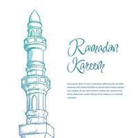 Ramadan kareem o eid mubarak modello con minareto di moschea nel mano disegnato design vettore