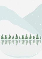 inverno paesaggio con selvaggio foresta e lago illustrazione manifesto. nevoso panorama, minimalista parete arredamento. di stagione cartone animato paesaggio con neve su sfondo collezione vettore