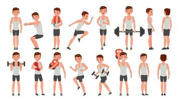 fitness uomo vettore. diverso pose. peso addestramento. esercizio maschio. uomo figure è formazione su sport club. isolato su bianca cartone animato personaggio illustrazione vettore