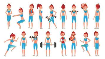 fitness ragazza vettore. diverso pose. esercizi per Grasso le persone. salutare stile di vita concetto. donna fitness. isolato su bianca cartone animato personaggio illustrazione vettore