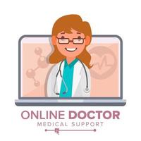 in linea medico donna vettore. medico consultazione concetto design. femmina Guarda su il computer portatile. in linea medicina sostegno. isolato piatto illustrazione vettore