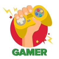 gamer mano con gioia bastone vettore. gioco concetto. video gioco console, controllore simbolo, gamepad. isolato piatto cartone animato illustrazione vettore