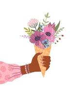 isolato llustration mazzo di fiori nel femmina mano. vettore design concetto per vacanza e altro uso.