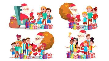 Santa Claus con bambini impostato vettore. allegro bambini. dicembre vigilia festeggiare. allegro Natale e contento nuovo anno. manifesto, pubblicità modello. isolato cartone animato illustrazione vettore