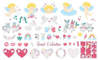 grande santo San Valentino giorno vettore impostare. carino personaggi, carte, disegni collezione. Cupido, colombe, cuori, cigni, animale coppie pacchetto. giocoso febbraio vacanza illustrazione con amore concetto