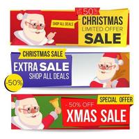 Natale vendita bandiera vettore. allegro Natale Santa claus. sconto etichetta, speciale natale offrire orizzontale striscioni. inverno sconto e promozione. metà prezzo vacanze adesivi. isolato illustrazione vettore