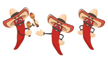 impostato di rosso peperoncino Pepe isolato. cartone animato personaggio con sombrero, maracas. messicano cibo. scarabocchio disegnato vettore illustrazione per piatti, menù, manifesto, volantino, striscione, consegna, cucinando concetto