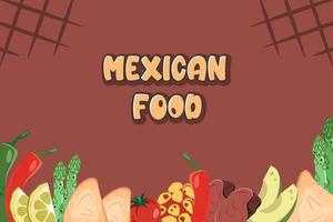colorato messicano sfondo. cibo bandiera con messicano cucina ingredienti, verdura, testo. vettore piatto disegnato illustrazione per ristorante menù, manifesto, volantino, striscione, consegna, cucinando concetto