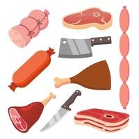 fresco carne vettore impostare. salsicce, coltello. piatto cibo icone. isolato cartone animato illustrazione