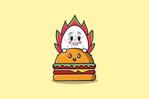 Drago frutta cartone animato personaggio nascondiglio nel hamburger vettore