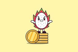 cartone animato Drago frutta in piedi nel impilati oro moneta vettore