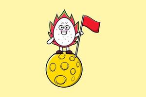 cartone animato Drago frutta in piedi su Luna con bandiera vettore