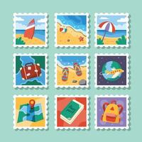 estate spiaggia in viaggio francobollo etichetta vettore